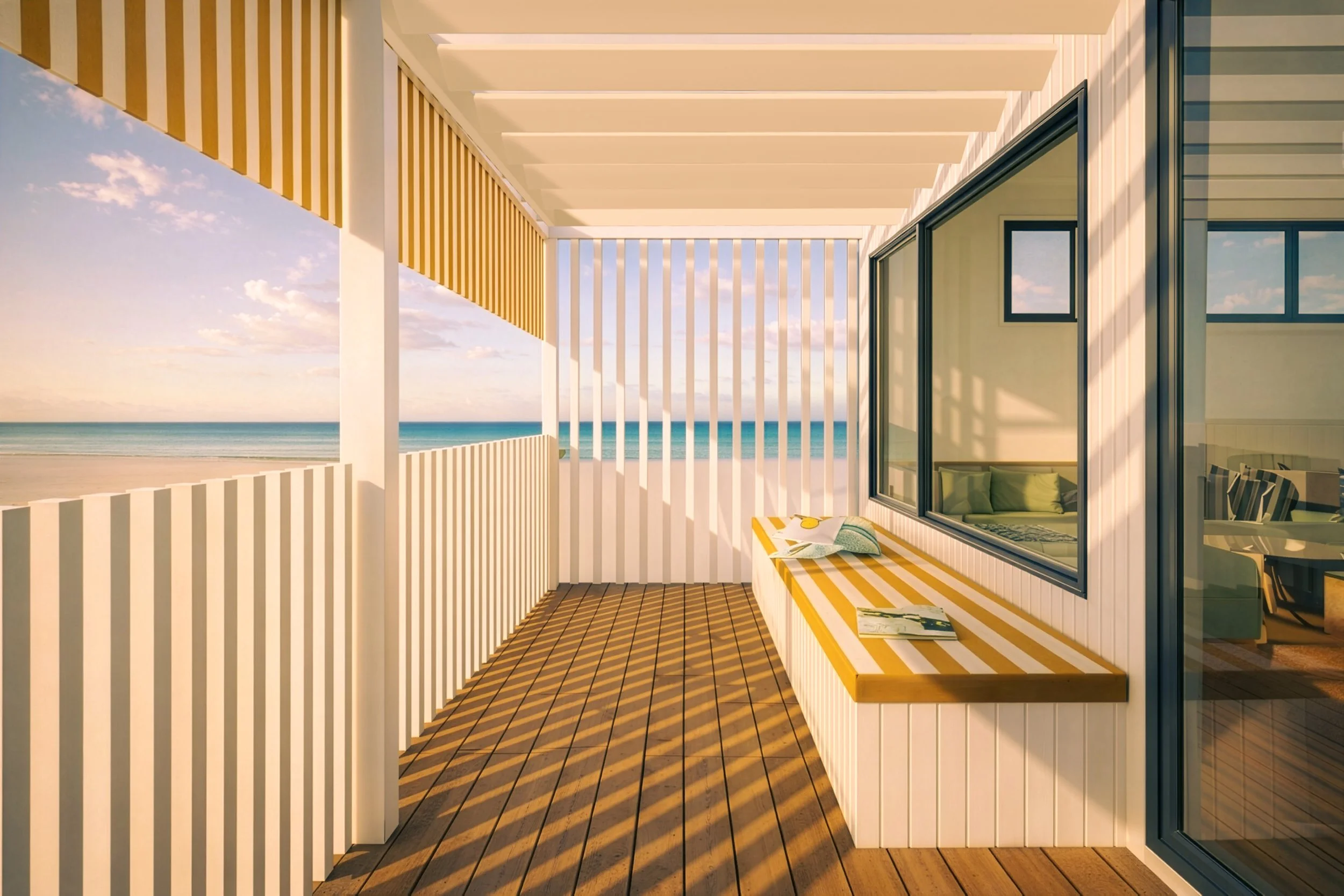 Covered balcony at Burleigh Heads with striped built-in seating, timber decking and ocean outlook