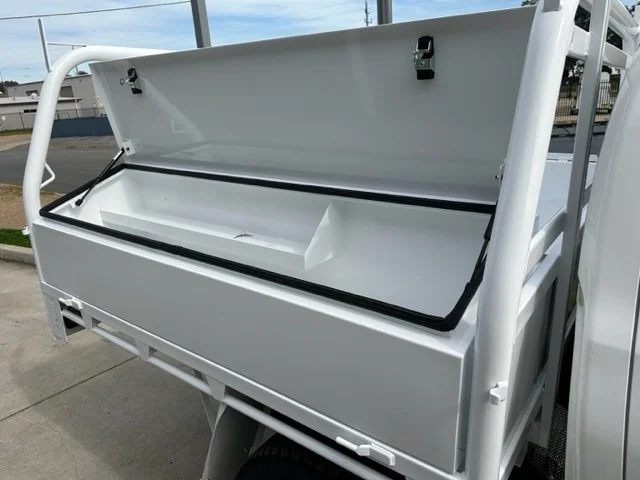 White utility ute with open storage compartment on the side, custom ute tray and powder coating Wagga Wagga. Sandblasting and powder coating service Wagga with custom truck and ute bodies and ute trays. 