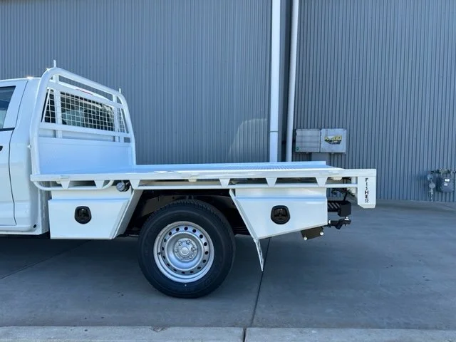 White flatbed utility ute, custom ute tray and powder coating Wagga Wagga. Sandblasting and powder coating service Wagga with custom truck and ute bodies and ute trays. 