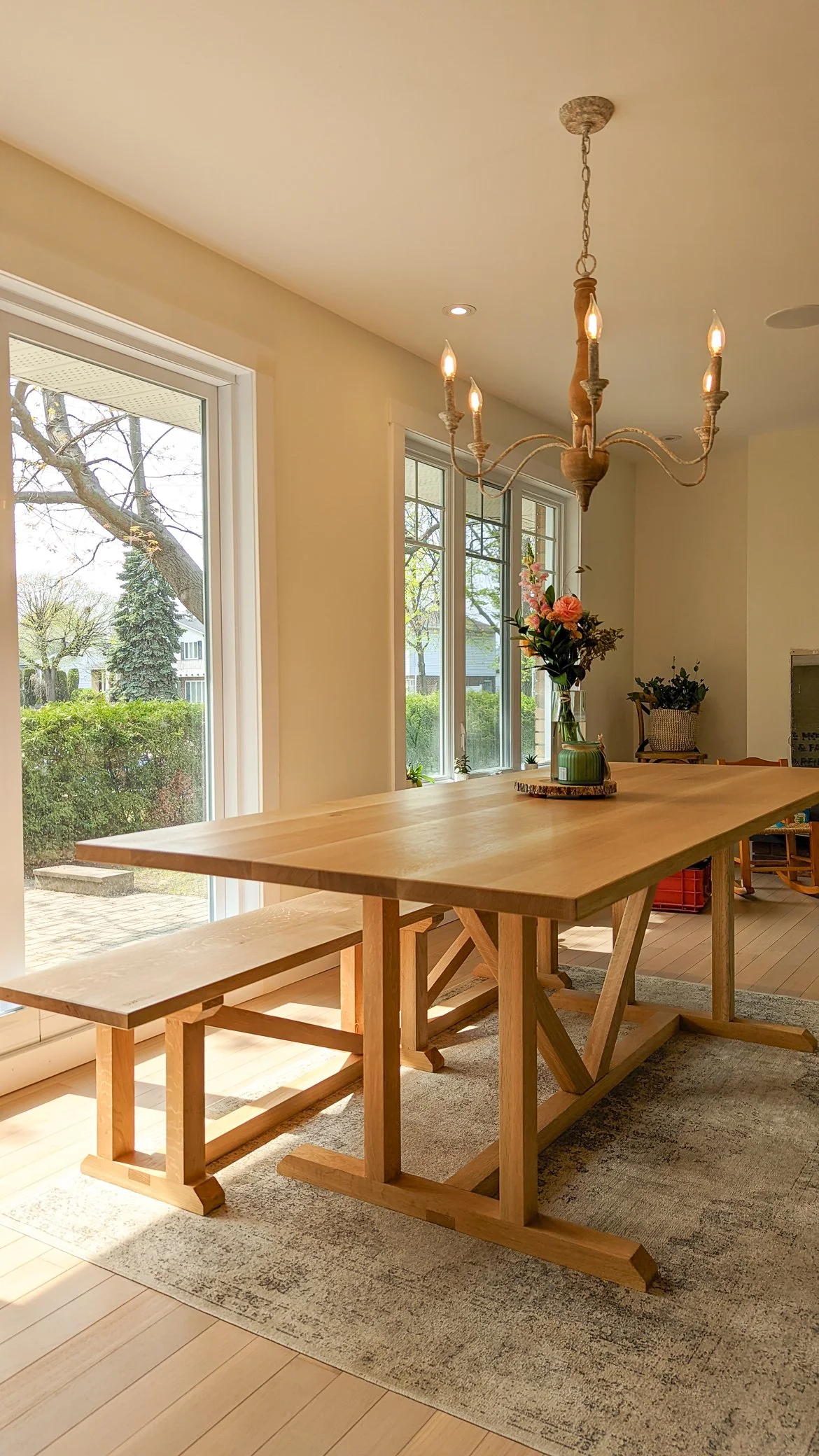 Solid wood custom dining table and matching bench