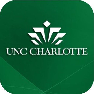 UNC Charlotte logo on a green background with a stylized crown design above the text.