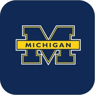 University of Michigan logo with a large blue letter 'M' outlined in yellow and the word 'MICHIGAN' in a yellow strip across the middle on a dark blue background.