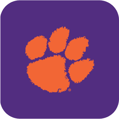 Orange paw print on purple background, logo design.