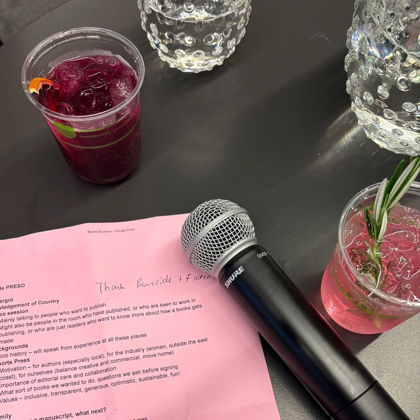 Pink drinks and pink notes. Thanks to our favourites @fictiondistilling for mixing up these event specials for us at @burnsidelibrary, and to everyone who asked an excellent question about the 'choose your own adventure' of publishing.