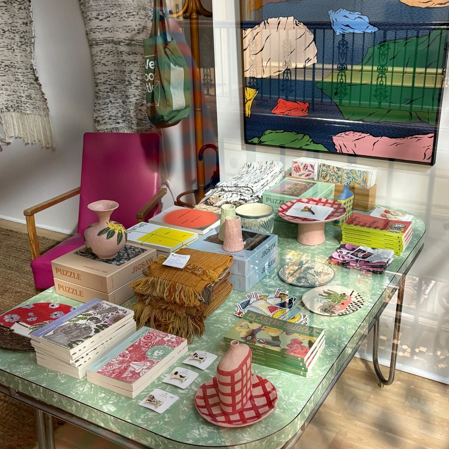 Our little festive gift shop upstairs in Adelaide Arcade, featuring lovely things from some of our favourite local creatives. There are summery magnets from Billie Justice Thomson and stubby coolers from Bec Sheedy. There are slightly less summery sc