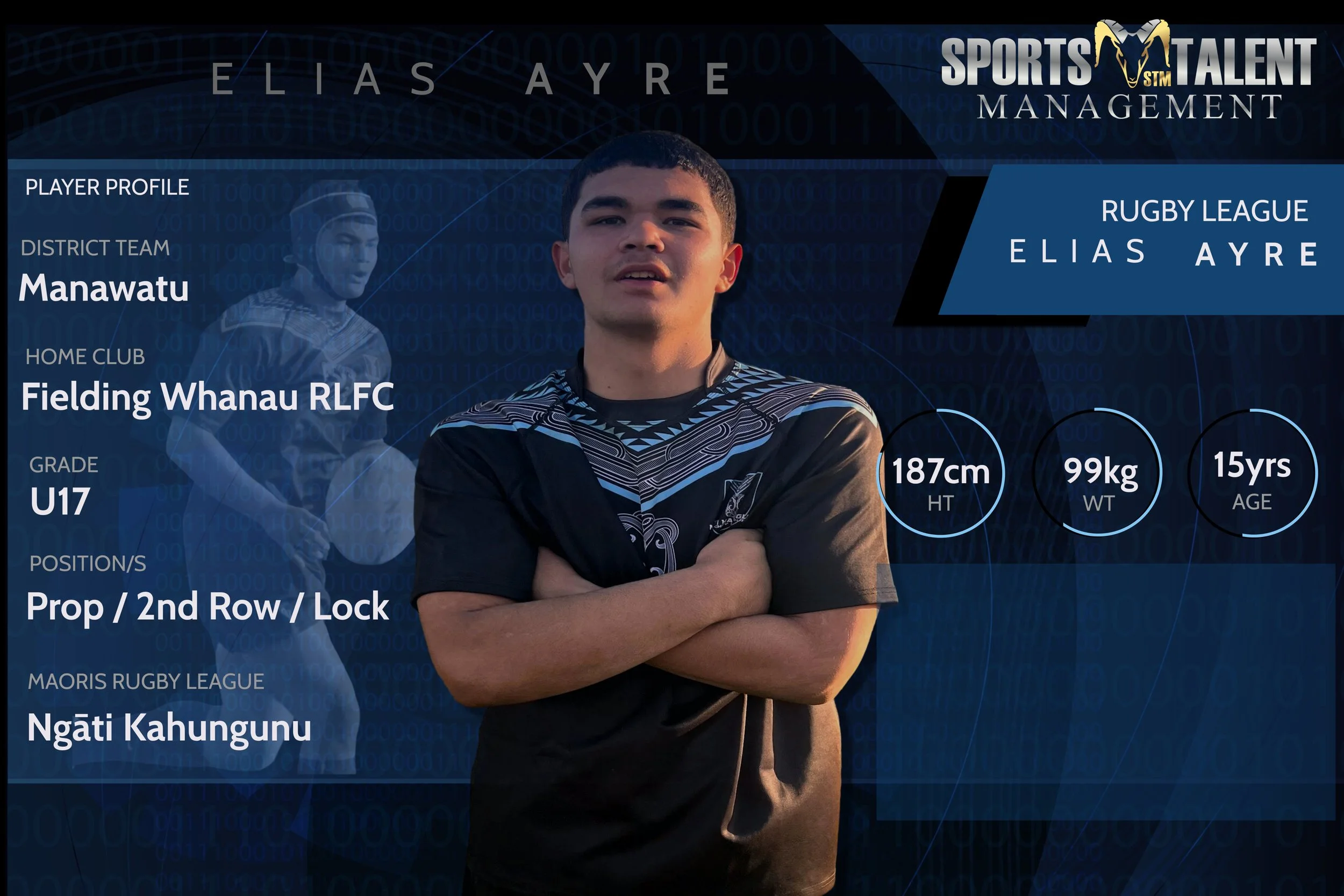 Player profile graphic featuring Elias Ayre, a rugby player for Manawatu district team, home club Fielding Whanau RLFC, grade U17, positioned as Prop / 2nd Row / Lock. The graphic includes his height (187 cm), weight (99 kg), and age (15 years), with a background of digital numbers and a semi-transparent image of him in rugby gear.