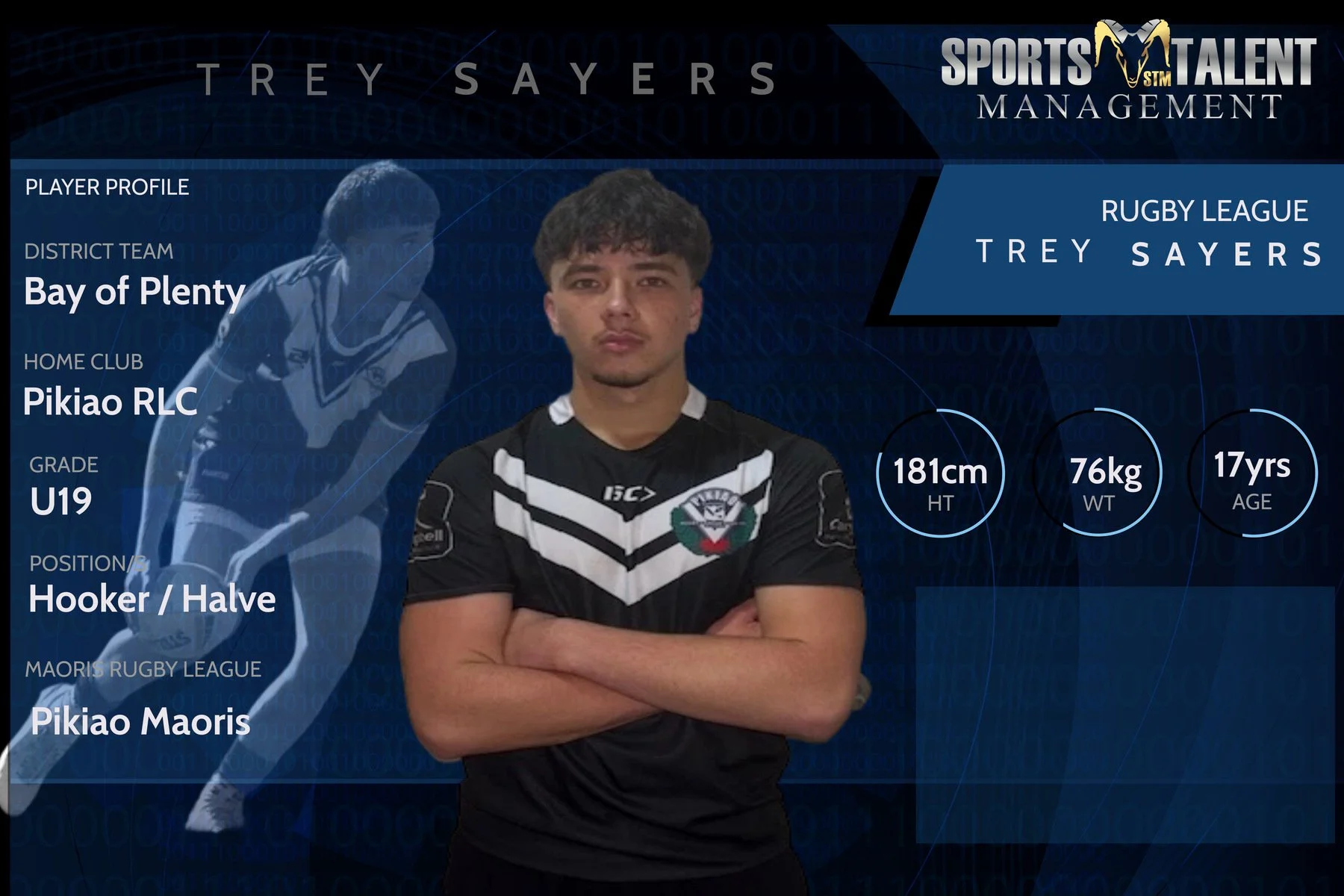 A young male rugby player in a black and white jersey with crossed arms on a graphic background featuring his profile information, including height (181cm), weight (76kg), and age (17 years). The background displays a faded action shot and text about his profile and team.