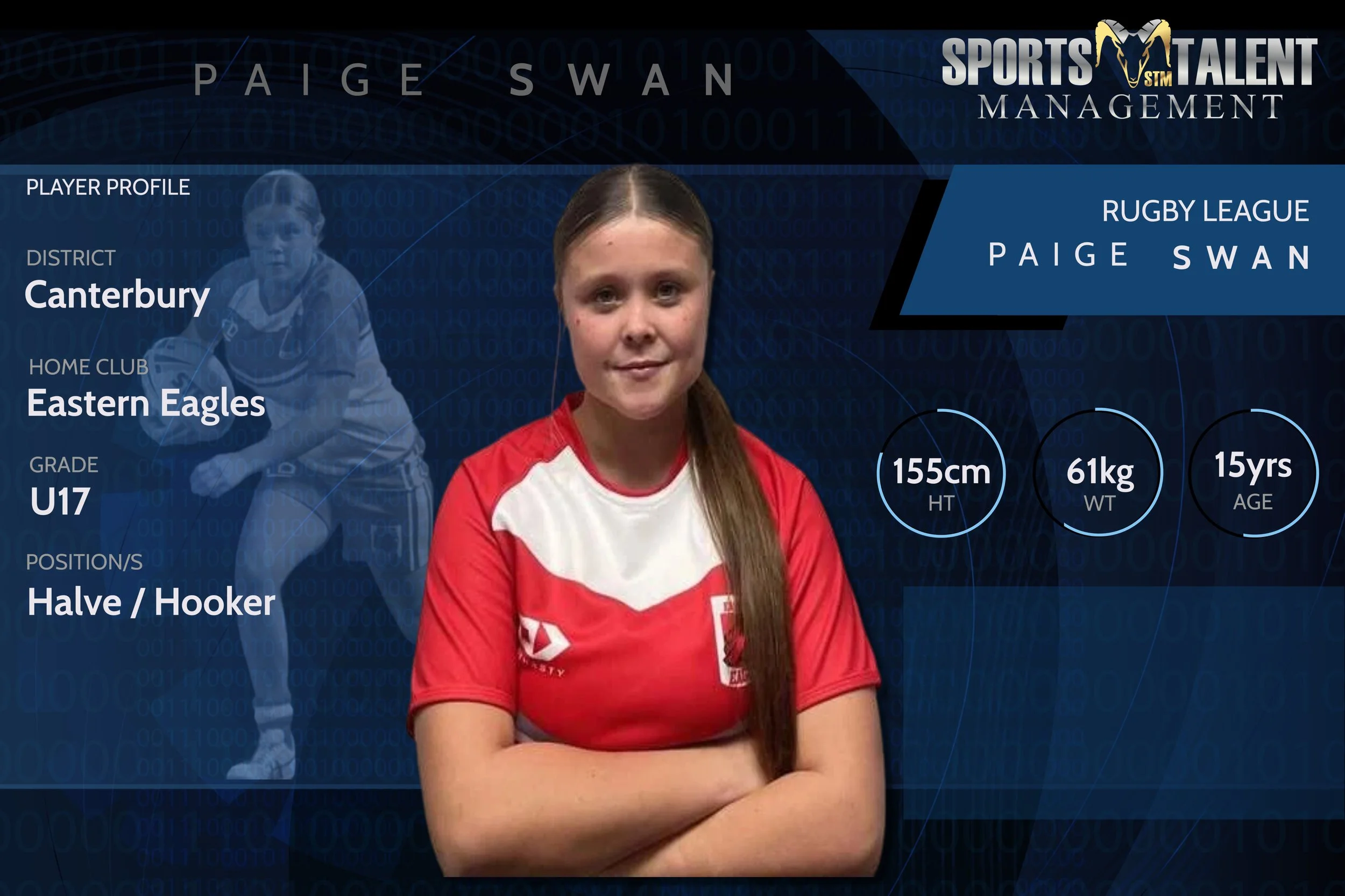A digital profile graphic of Paige Swan, a young female rugby player, wearing a red and white Eastern Eagles jersey, with her arms crossed, standing in front of a blue digital-themed background that features her name, profile information, and a faded action photo of her playing rugby.