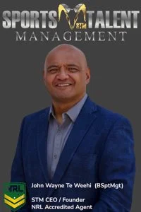 New Zealand Sports Talent Management - NZSTM at the top and the NRL logo at the bottom left. The text identifies him as John Te Weehi, Scout, founder and CEO of NZSTM.