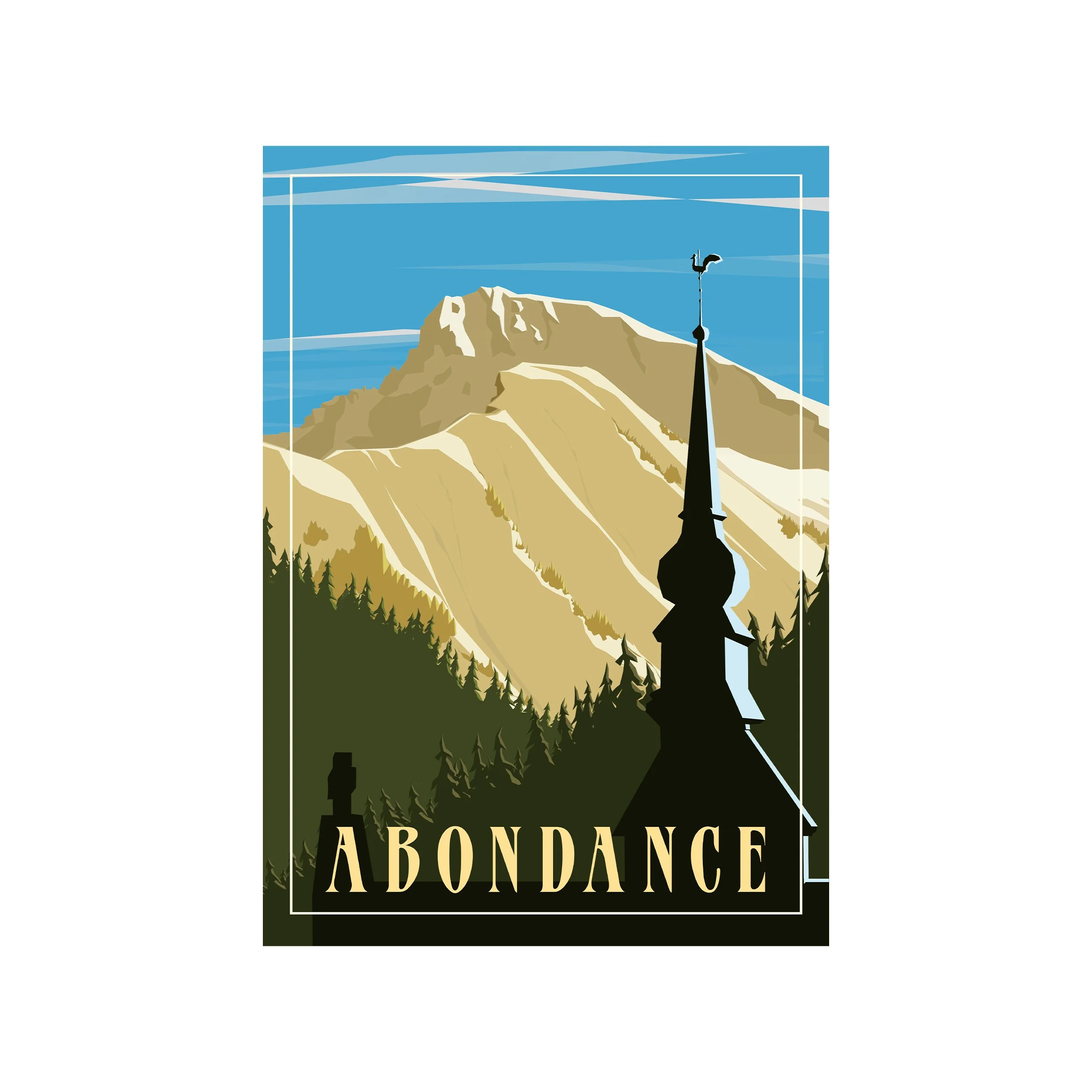 Le village d'Abondance avec son clocher caractéristique, et en fond le Mont de Grange, Roi du village et de la vallée.