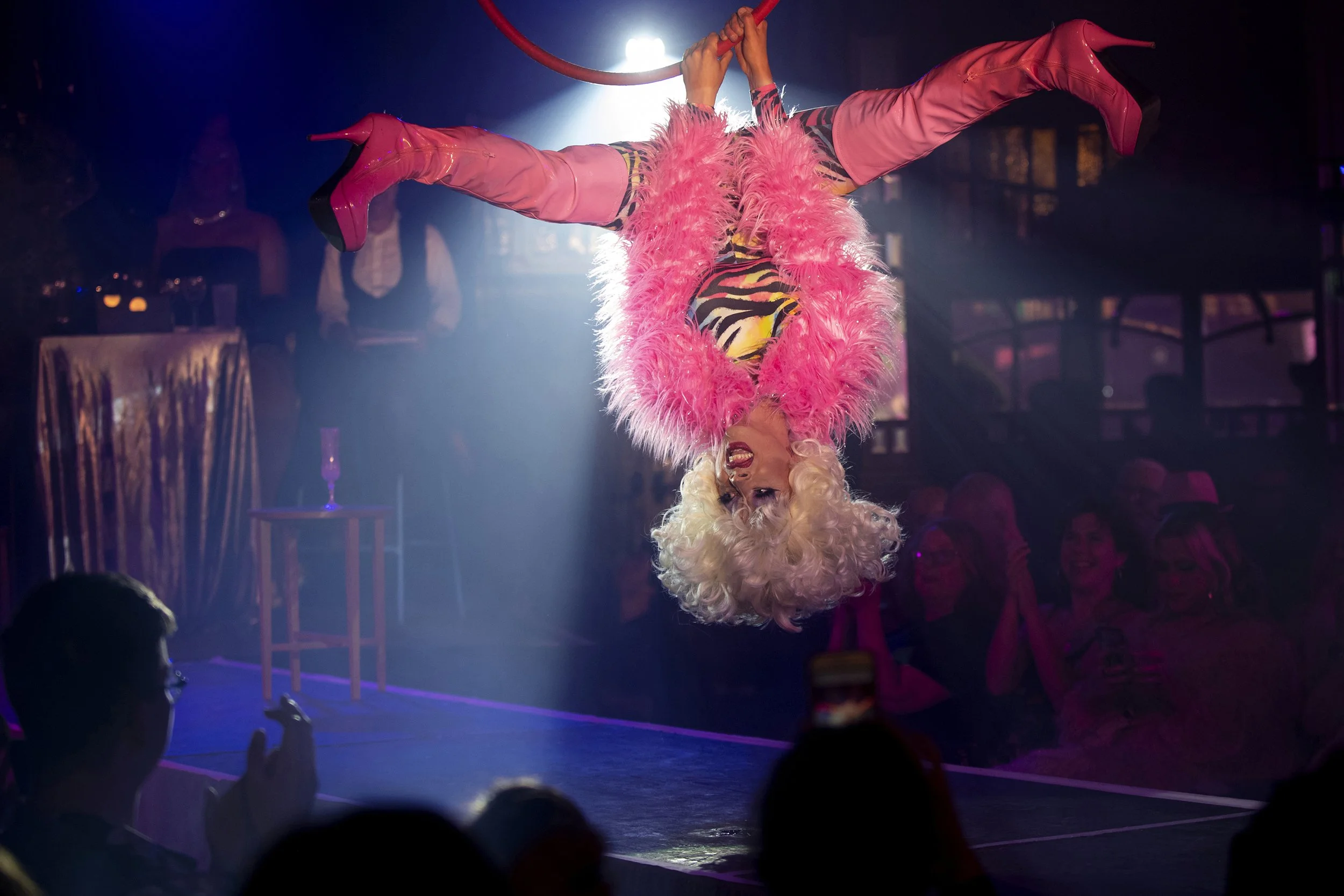 Performer hanging upside down from a ring during a circus act, dressed in pink thigh-high boots, a pink feather boa, and a colorful top, with an audience watching.