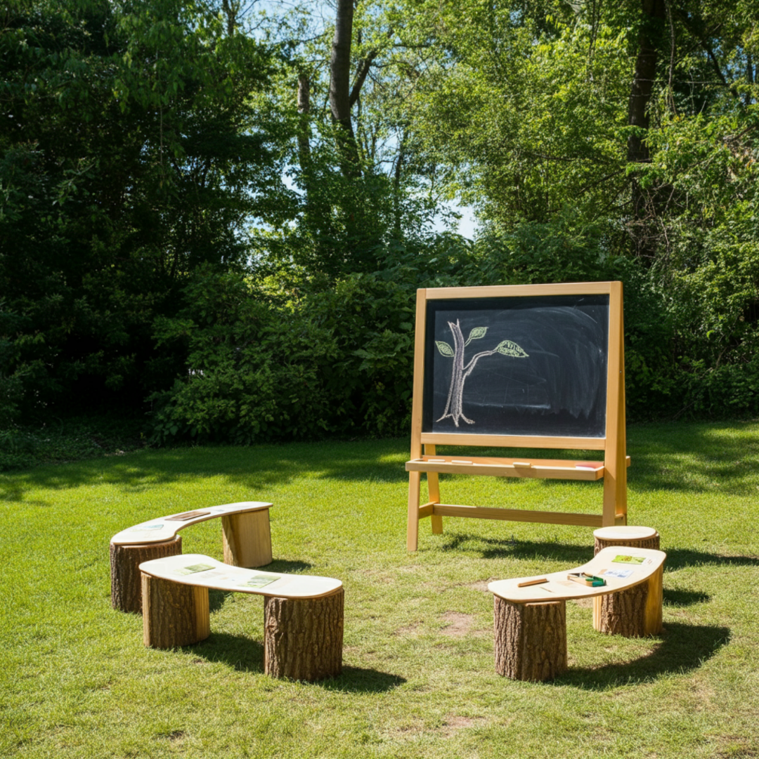 Aula didattica nel bosco con lavagna, disegno di un albero e panche in legno per lezioni di outdoor education e pedagogia della natura