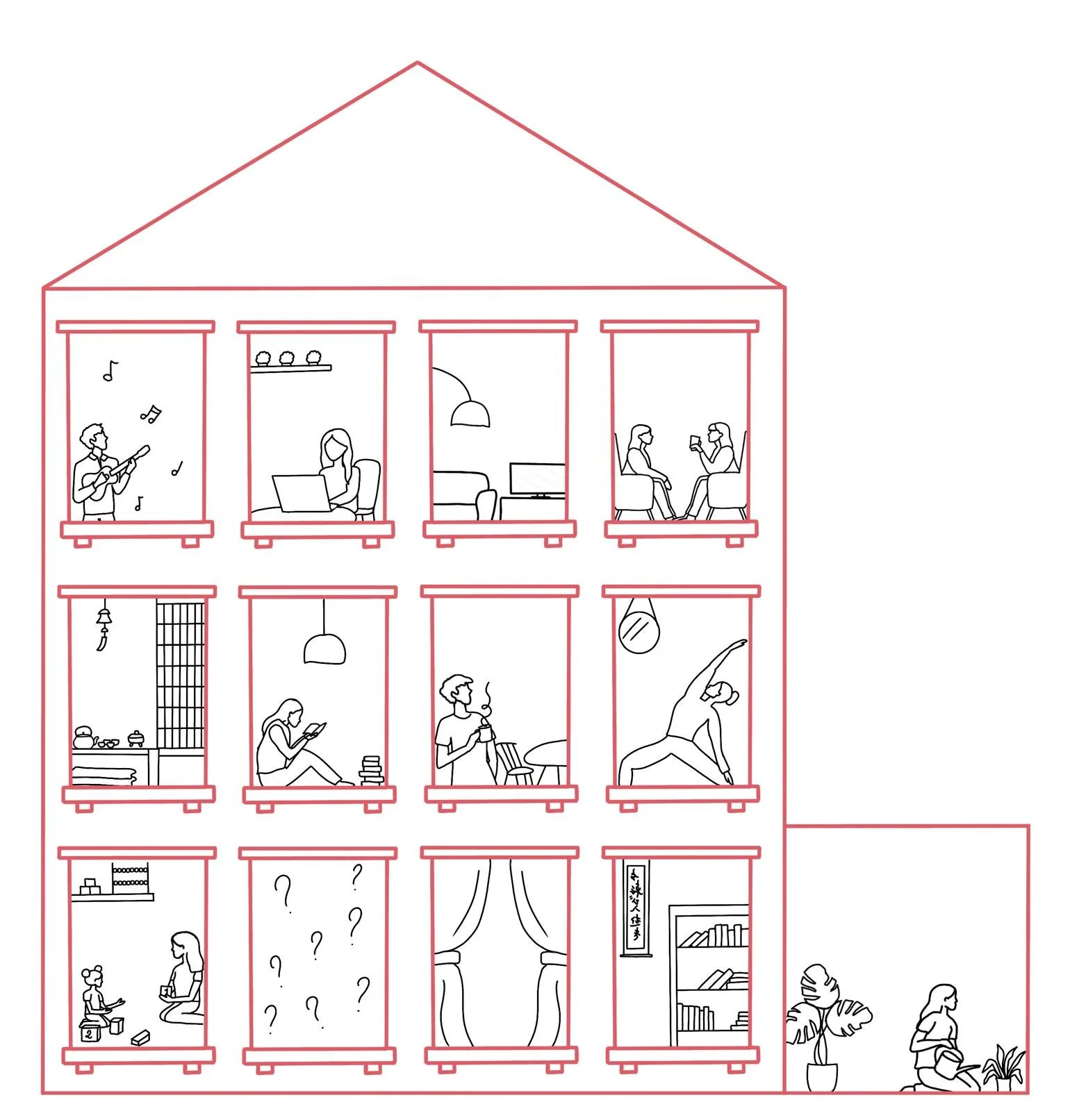 Logo ufficiale stilizzato de La Casa dei Genitori con disegno di un edificio e attività nelle stanze