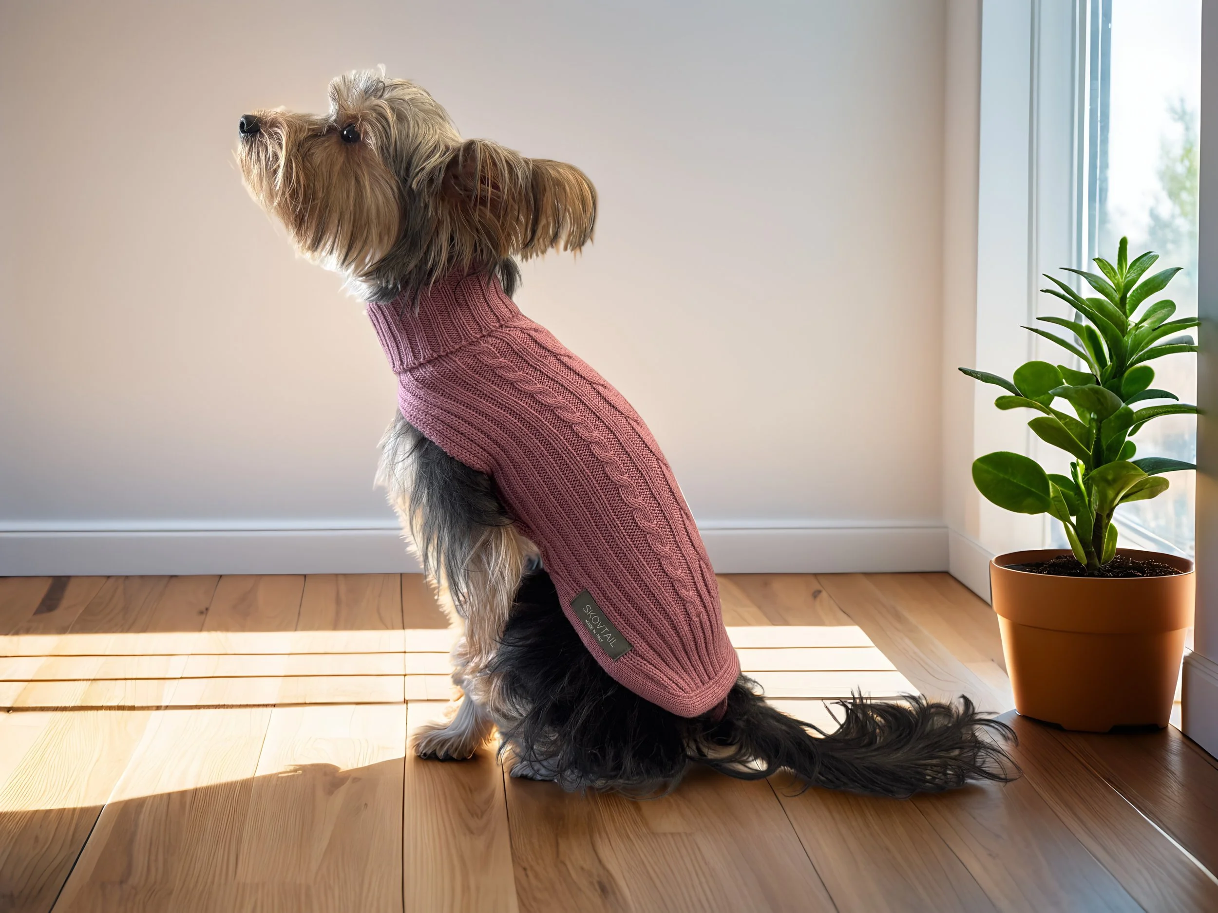 Cane seduto su un pavimento di legno, indossa un maglione rosa e si trova vicino a una finestra con una pianta in vaso accanto.