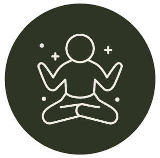 A line drawing icon of a person sitting in a meditative pose with crossed legs and hands raised, surrounded by small stars or sparkles.