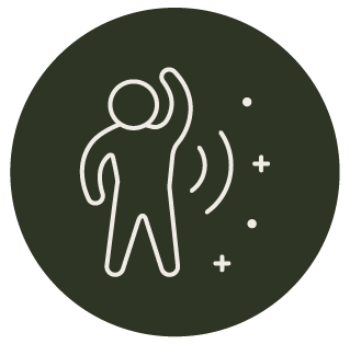 A line drawing icon of a person raising one arm demonstrating healthy activity on a dark green circular background.