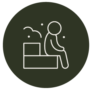 A line drawing icon of a person sitting on a bench in a Finnish sauna on a dark green circular background.