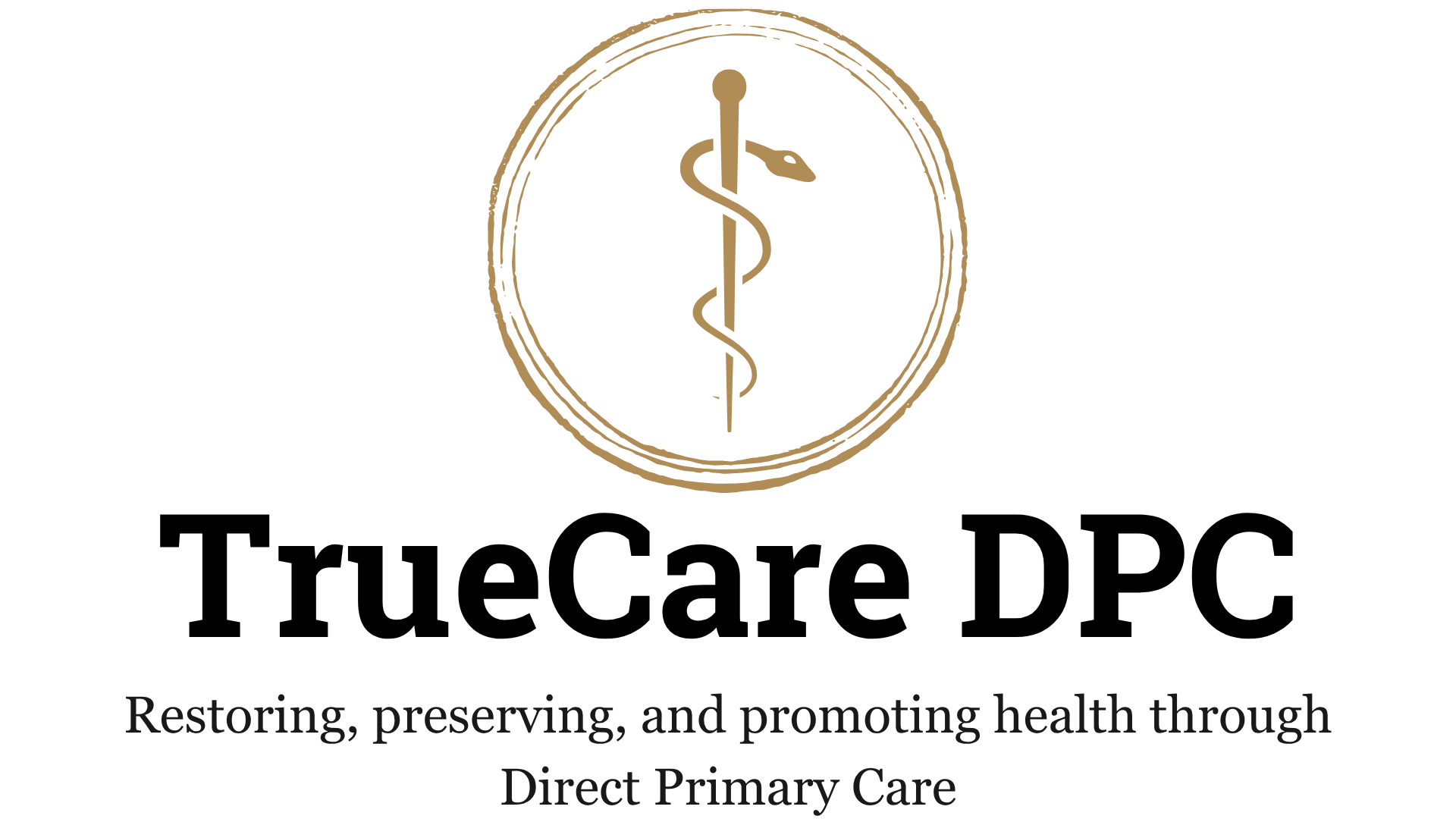 Logo for a healthcare organization with a gold medical caduceus symbol inside a gold circle, against a black background.
