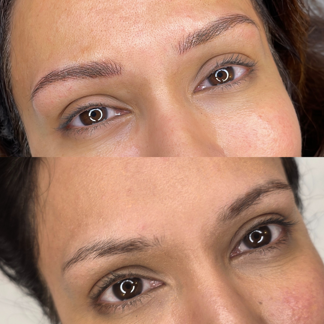 Machine hairstrokes on normal/dry skin. Sparse eyebrows and lack of tail definition transformation with semi-permanent makeup in Bristol 