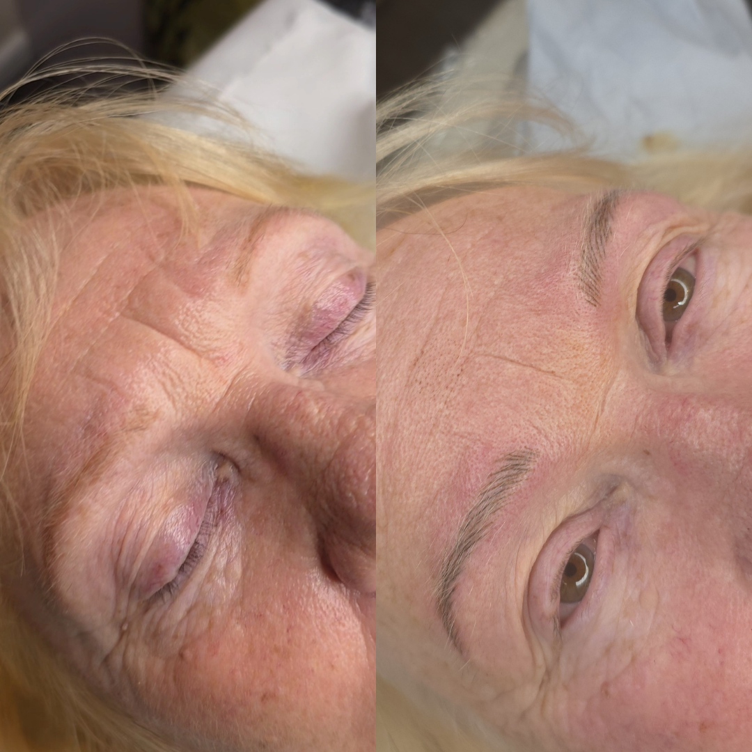 Nano brows akak Machine ine hairstrokes on mature skin with very fair blonde hair