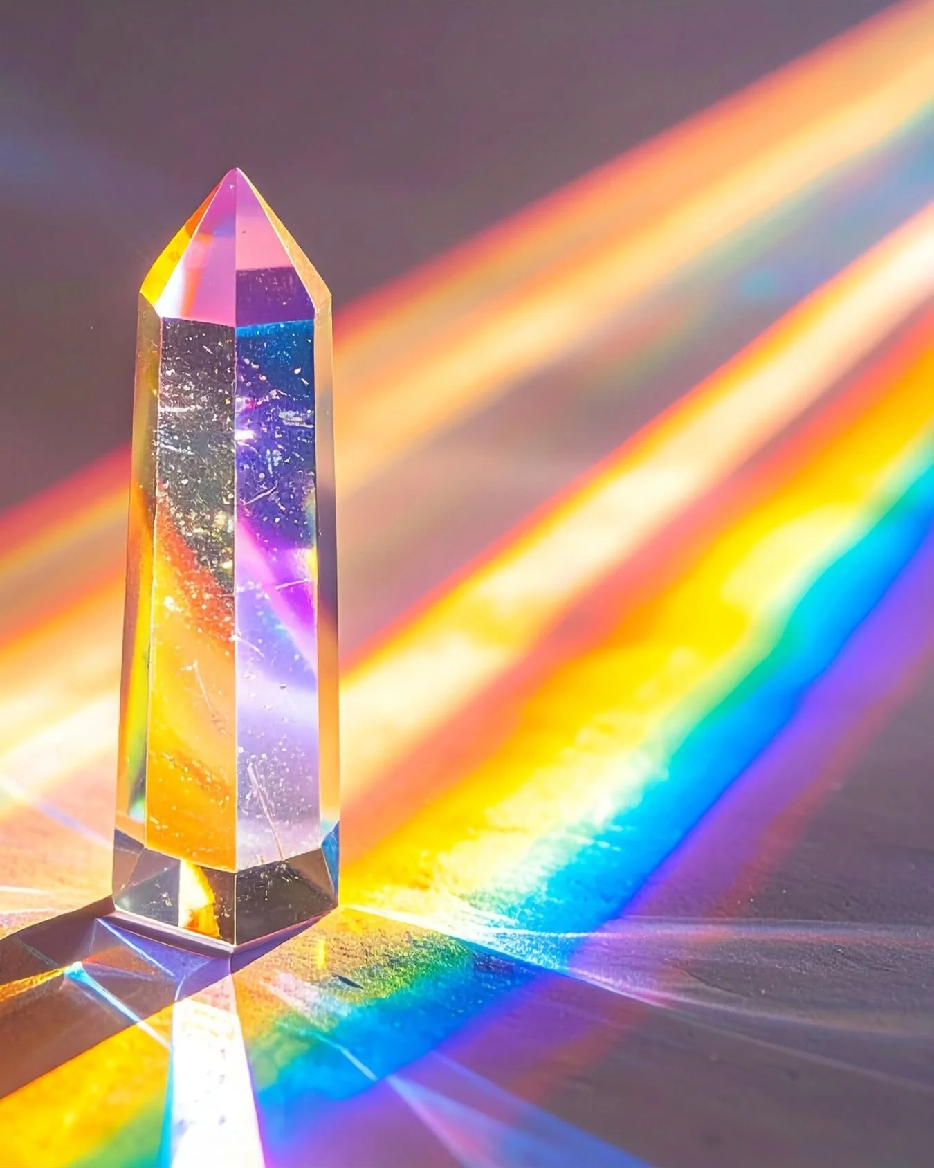 Kristallobelist mit regenbogenfarbigem Lichtstrahl