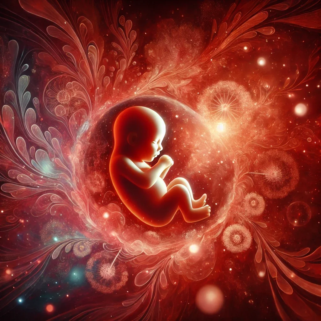 Baby im letzten Trimester in stilisierter Fruchtblase mit warmroter Farbwelt