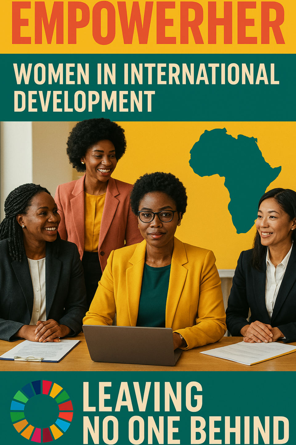 Book cover titled 'Empower Her: Women in International Development' with a group of diverse women sitting at a table, one with a yellow blazer working on a laptop, a map of Africa in the background, and the slogan 'Leaving No One Behind' with a multicolored circular logo.