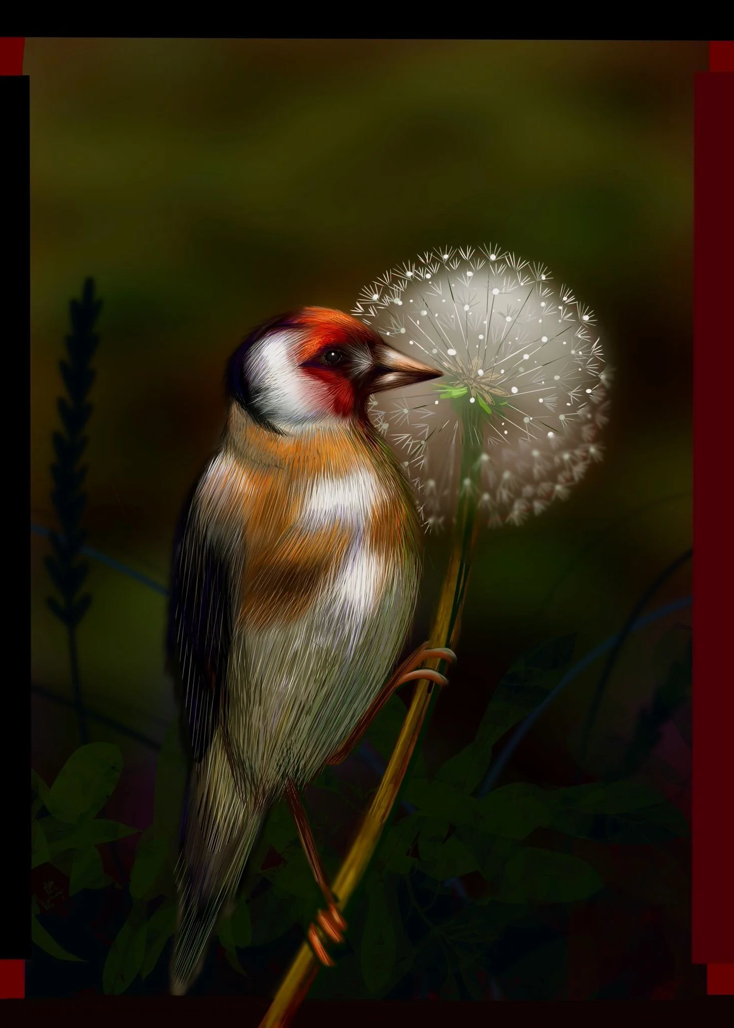 A digitally generated painting of a goldfinch perched on a branch next to a dandelion seed head.