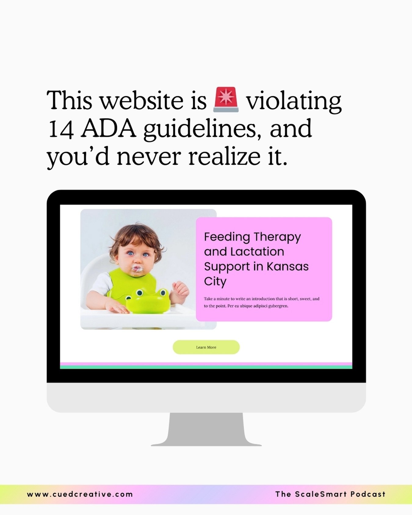 ADA and accessibility violations are not obvious to most people. 

In the image on this slide, this website violates 4 accessibility guidelines: 
🚨 incorrect heading tags
🚨 low contrast
🚨 non-descriptive alt text
🚨 unclear link text 
(and there a