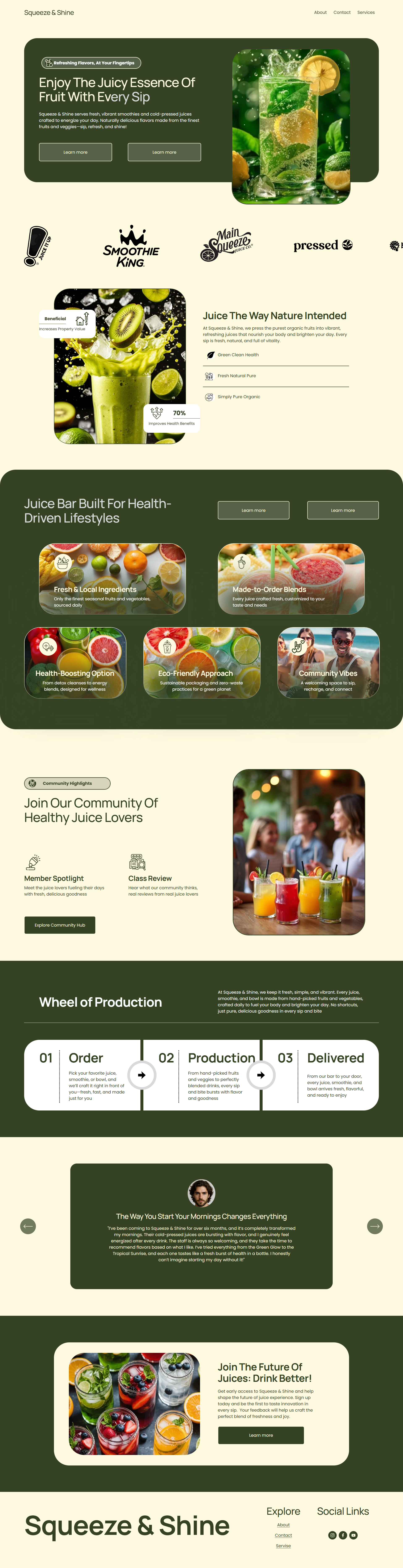 Homepage of a juice company's website featuring images of colorful fruit and vegetable juices, sections about their products, community engagement, and a production process flowchart.