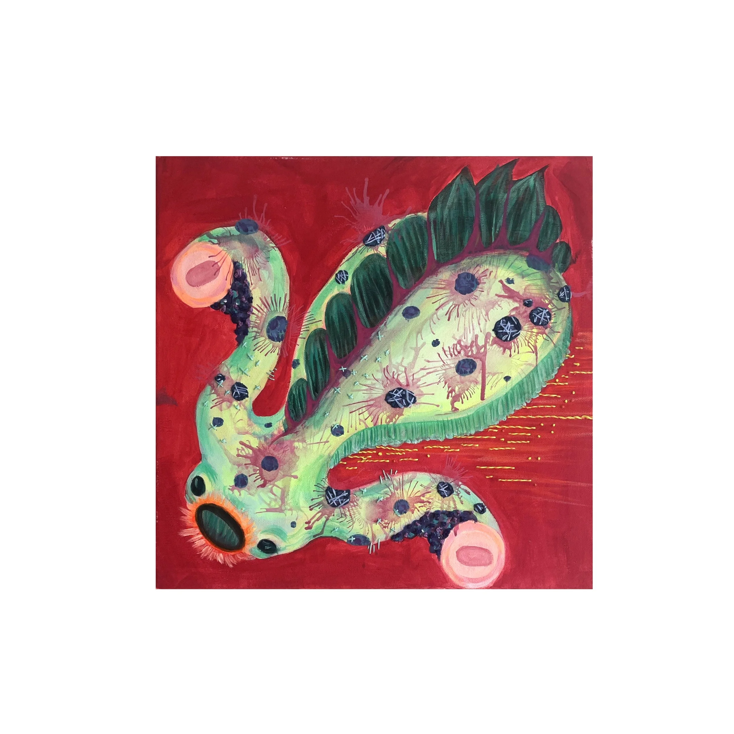 Vyšito 1, akryl na plátně a výšivka, 40x40cm