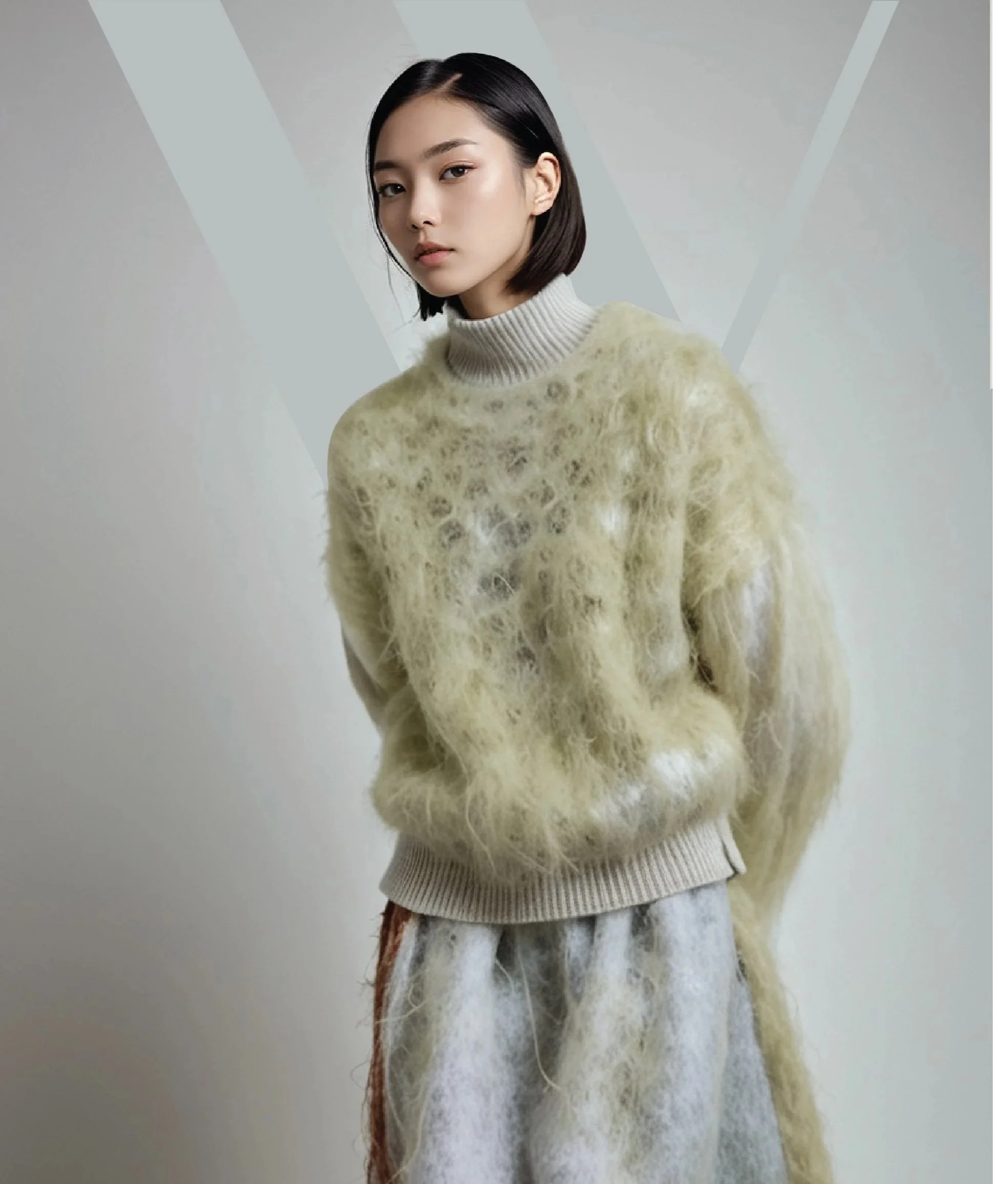 A young woman with short black hair wearing a cream-colored, fuzzy sweater and light-colored pants standing against a light background with geometric designs.