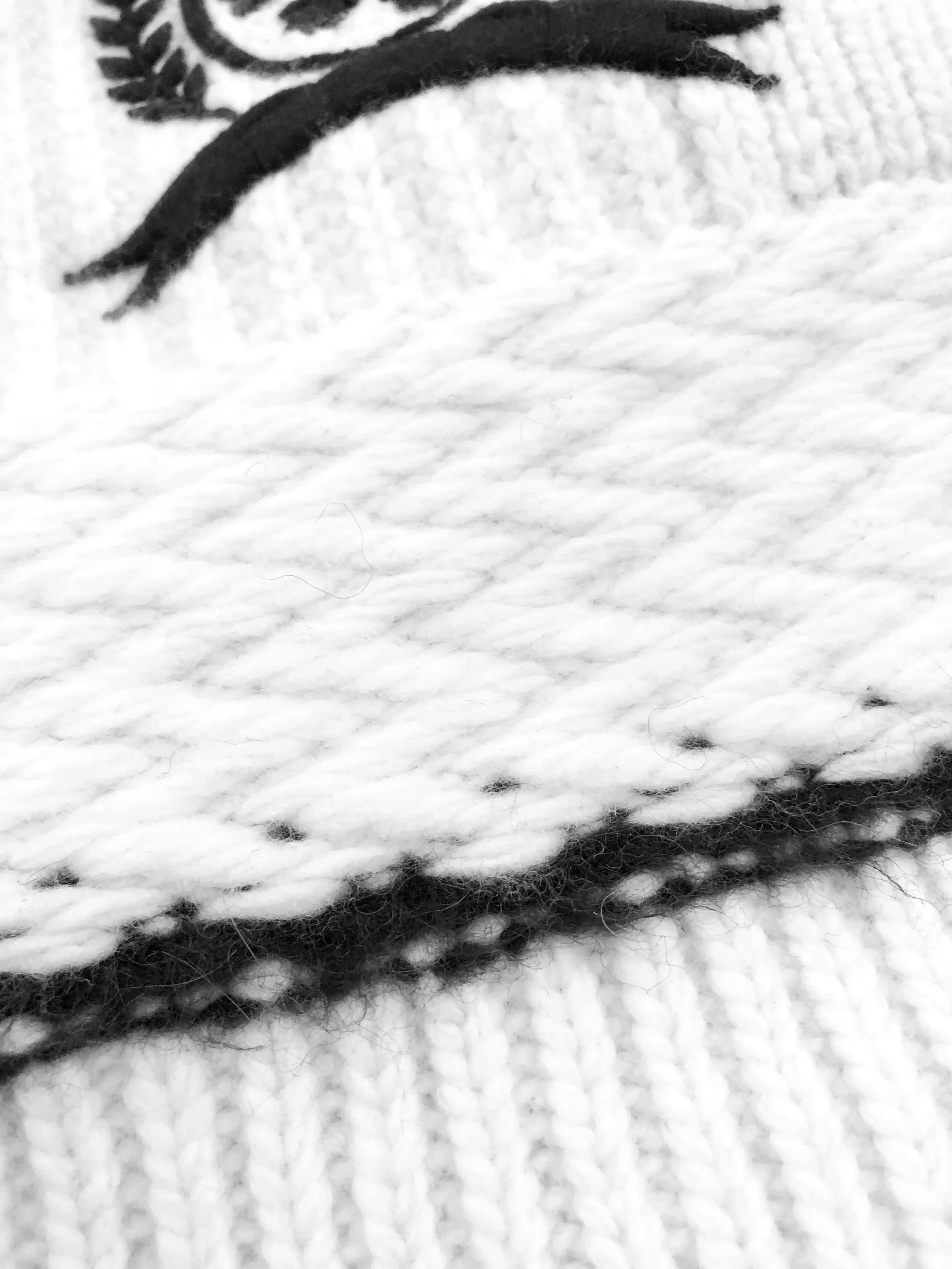 Close-up black and white photograph of knitted fabric, showing detailed texture and a braided pattern.