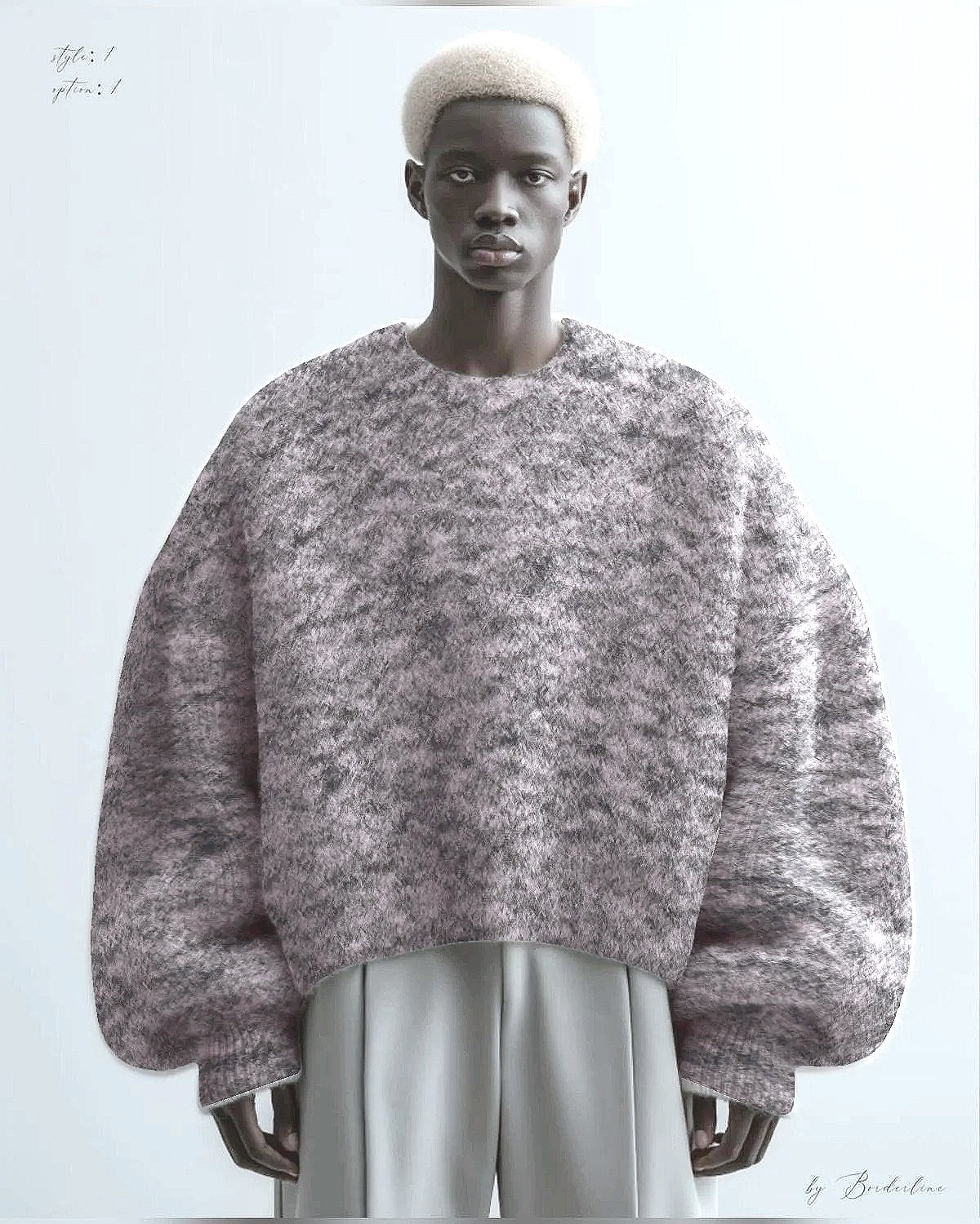 A person with a short blonde afro hairstyle wearing an oversized, textured pink sweater and white wide-leg pants, standing against a plain light background.