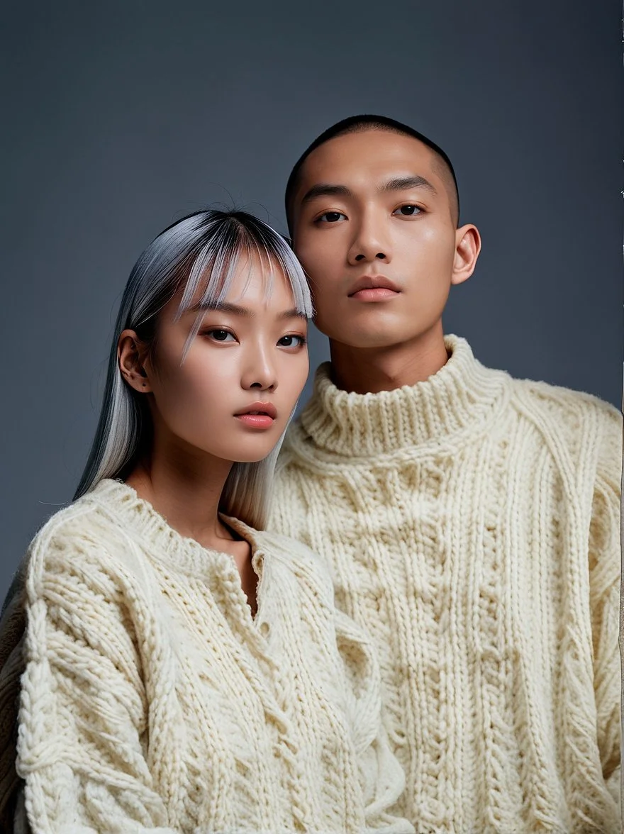 A young Asian woman and a young Asian man posing together against a gray background, both wearing cream-colored knit sweaters.