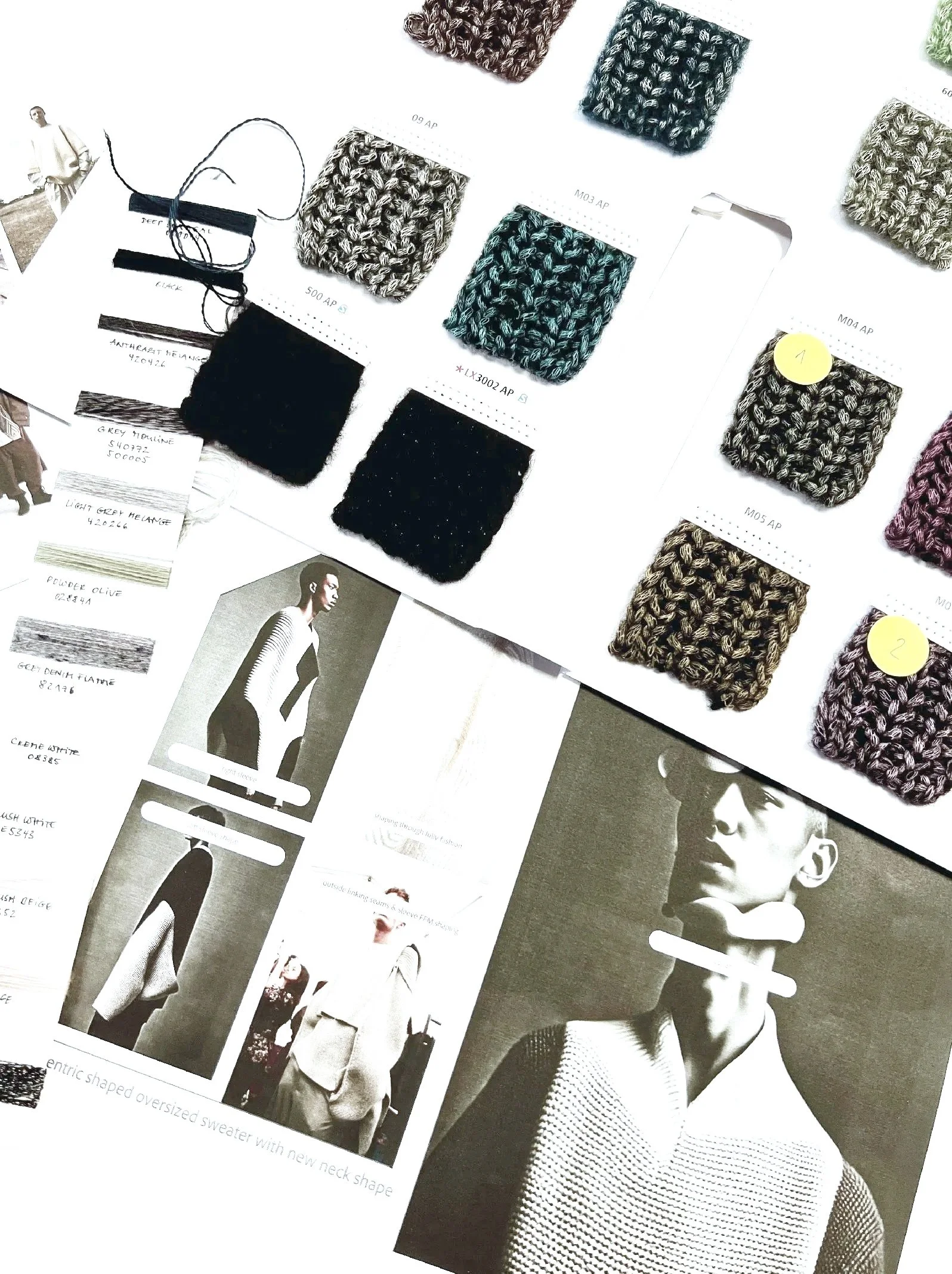Swatch samples of knitted fabric in various colors and textures on a design board, with color notes, sketches, and black-and-white fashion model images below.