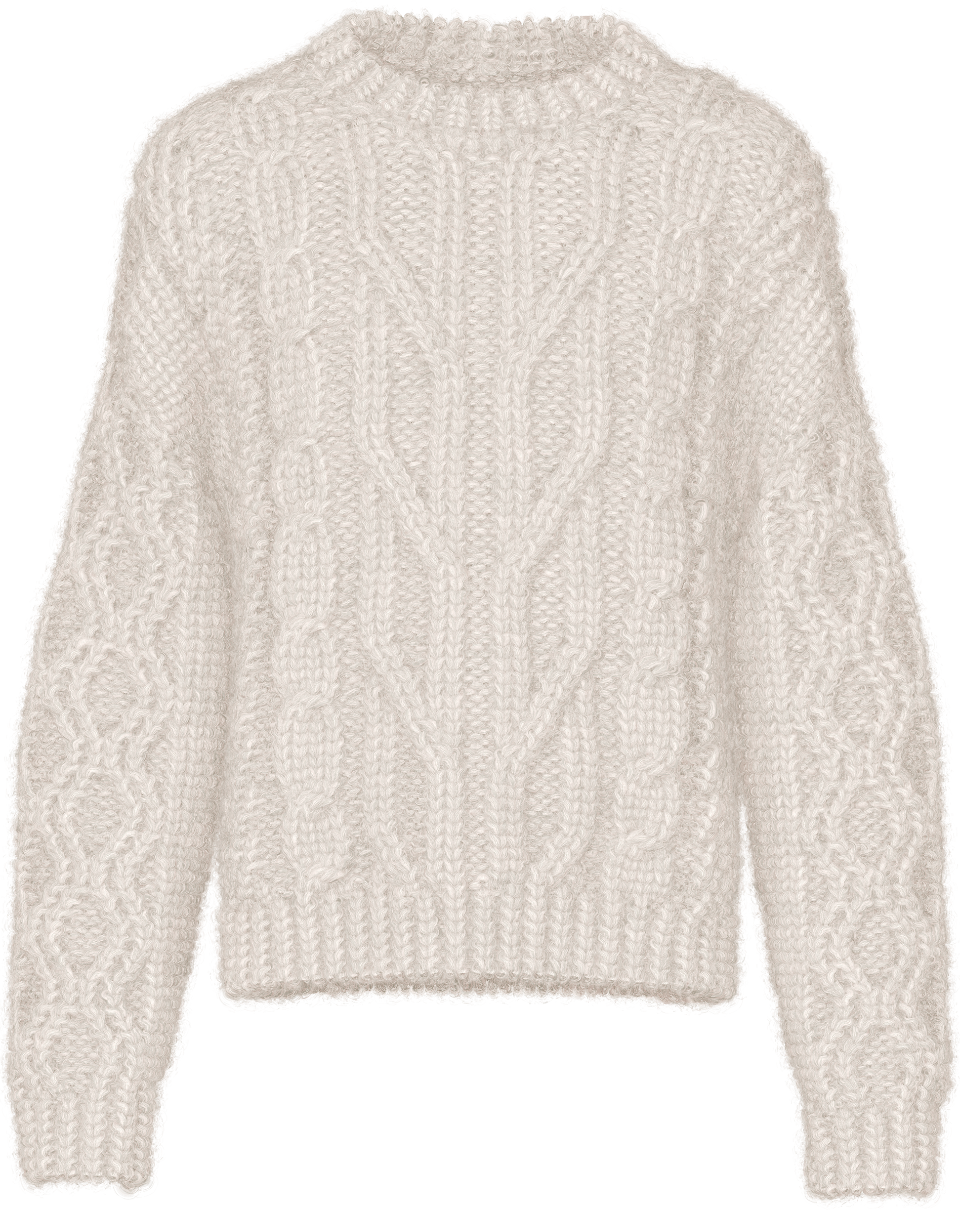 Cream-colored chunky knit sweater with cable knit pattern. 3D simulation with APEXFiz from Shima Seiki.