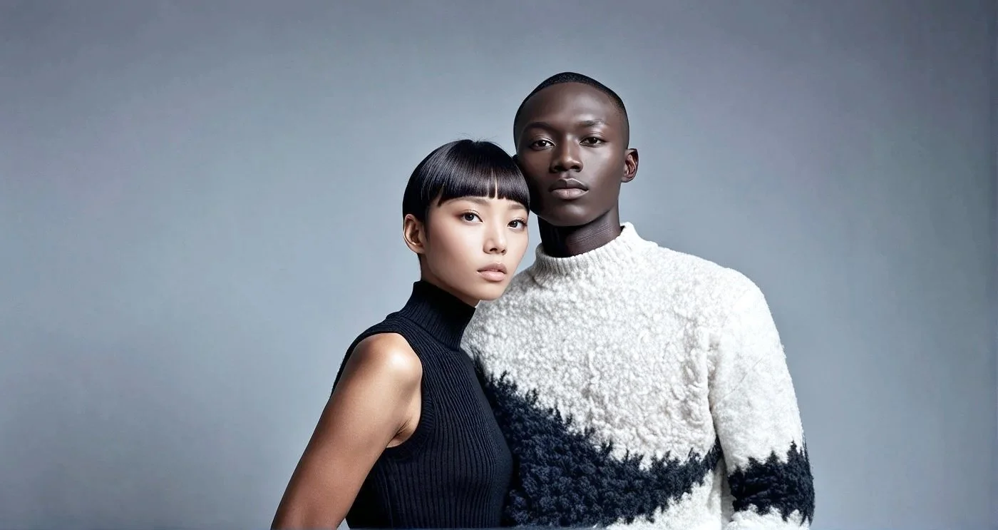 Two models, an Asian woman with short black hair and a Black man with short hair, standing close together against a plain gray background. The woman wears a sleeveless black turtleneck, and the man wears a white fluffy sweater with black patterns.