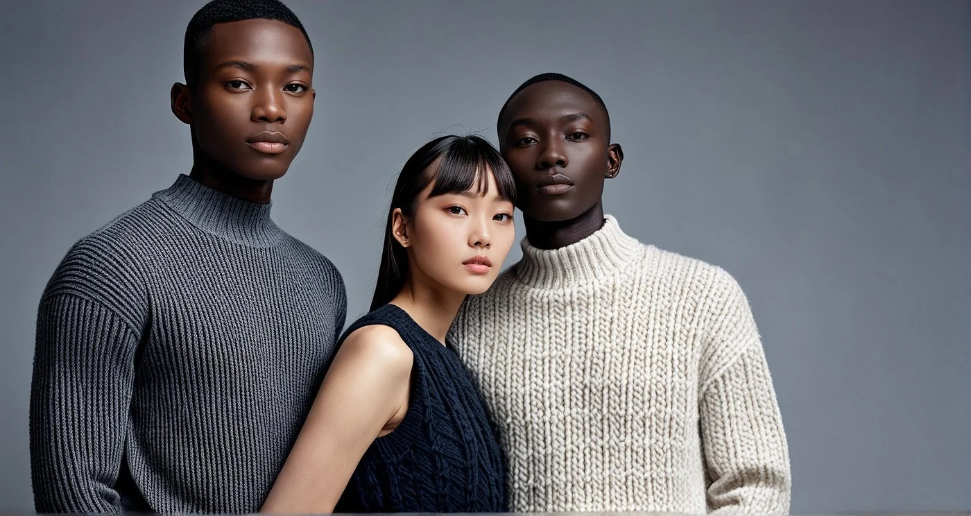 Three models standing close together against a plain gray background. The first model on the left is a Black woman in a gray ribbed turtleneck sweater. The middle model is an Asian woman with long black hair, wearing a dark blue sleeveless knit top. 