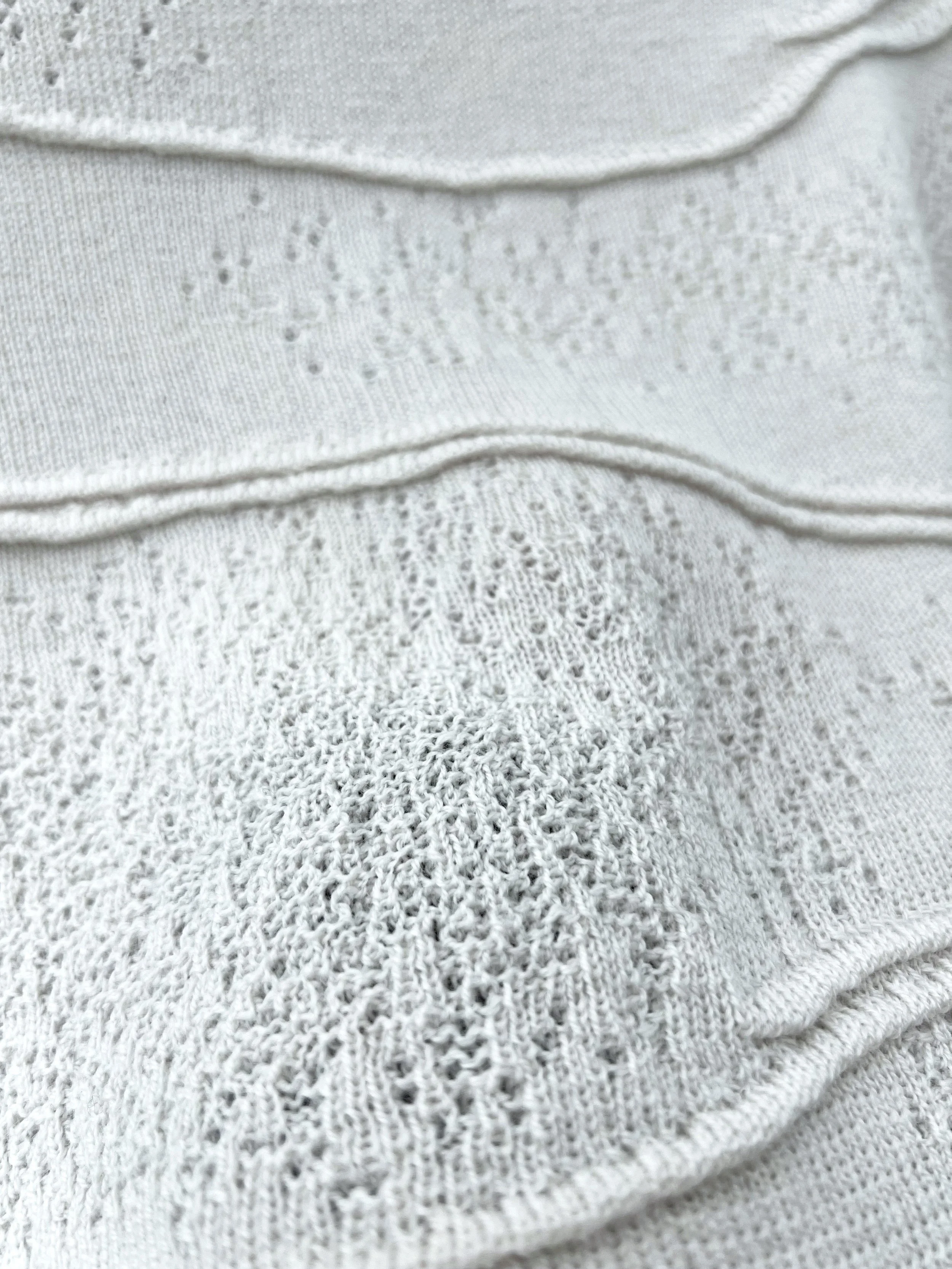 Close-up of a white lace knit swatch with intricate patterns.