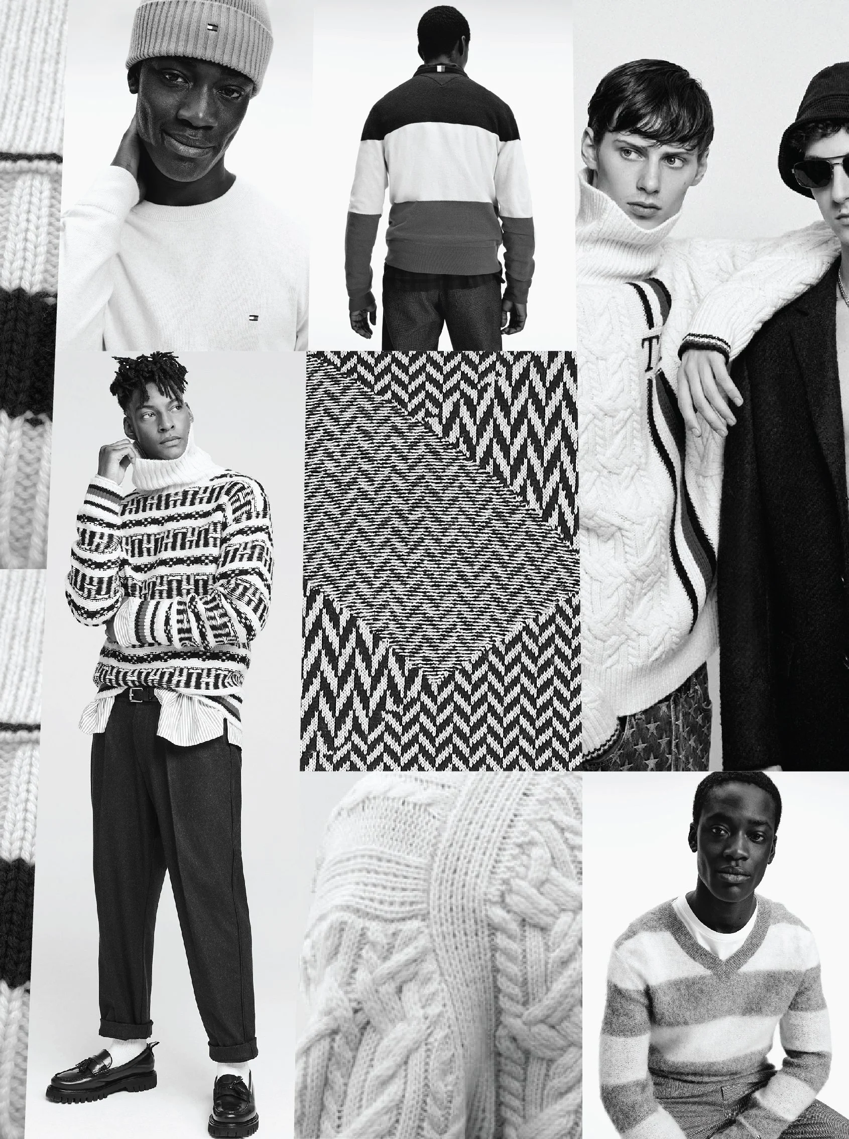 Collage of black and white fashion photography featuring diverse models wearing sweaters, jackets, and pants, with some close-up textures and patterns.