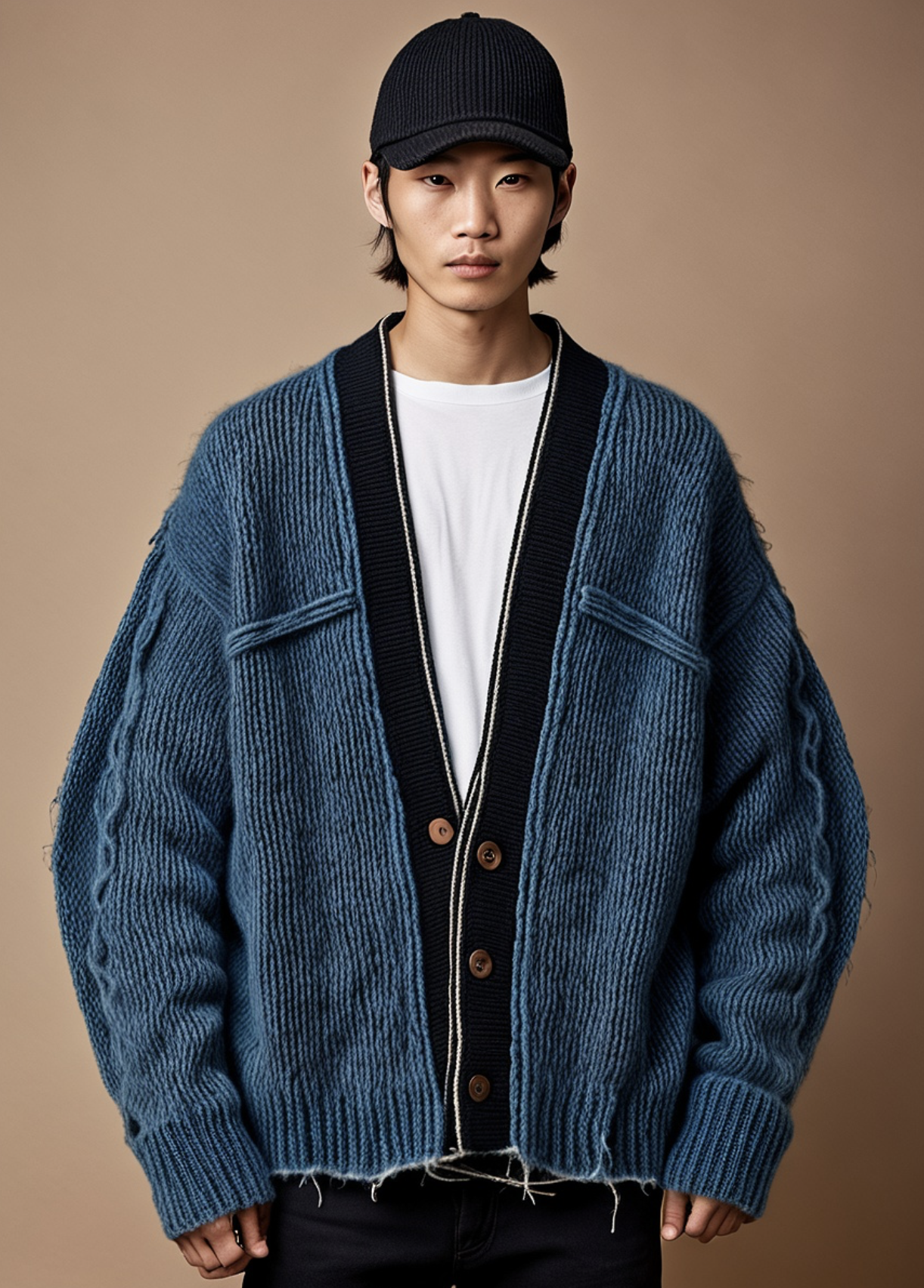 Young man wearing a black baseball cap, a chunky blue knit cardigan, and a white T-shirt, standing against a neutral background.