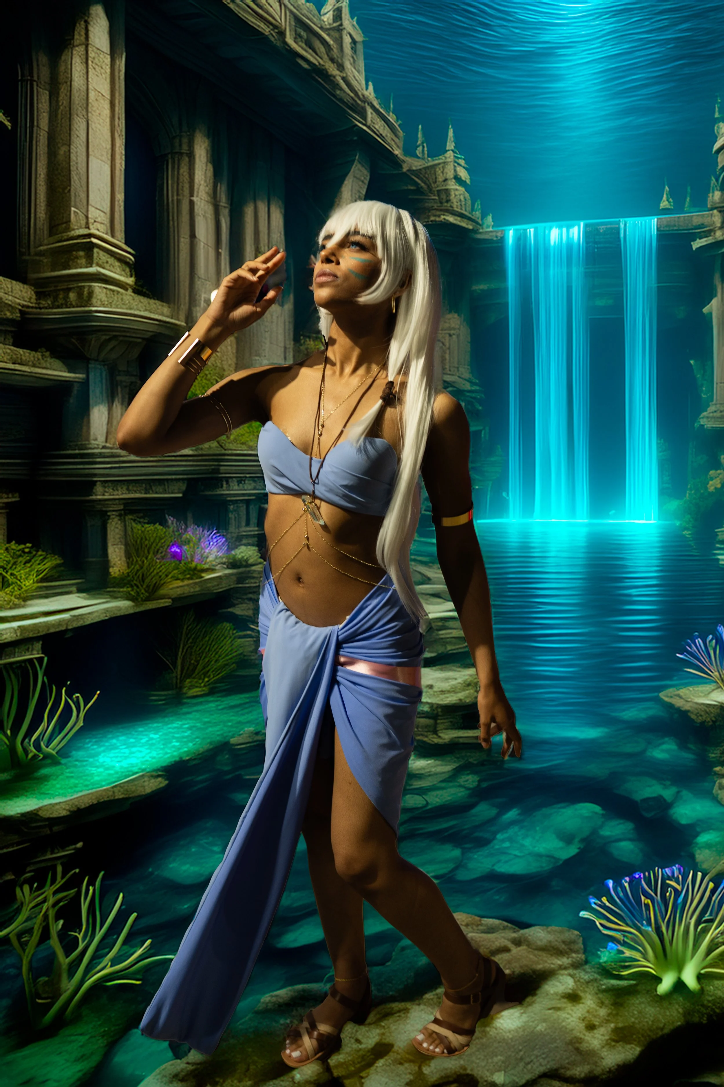 A woman with long white hair, wearing a flowing blue outfit, stands near a glowing waterfall in a fantasy-like landscape with ancient ruins, lush greenery, and vibrant plants.