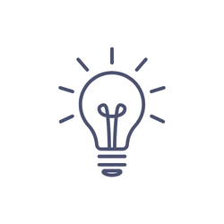 Simple line drawing of a light bulb with rays around it inside a circle.