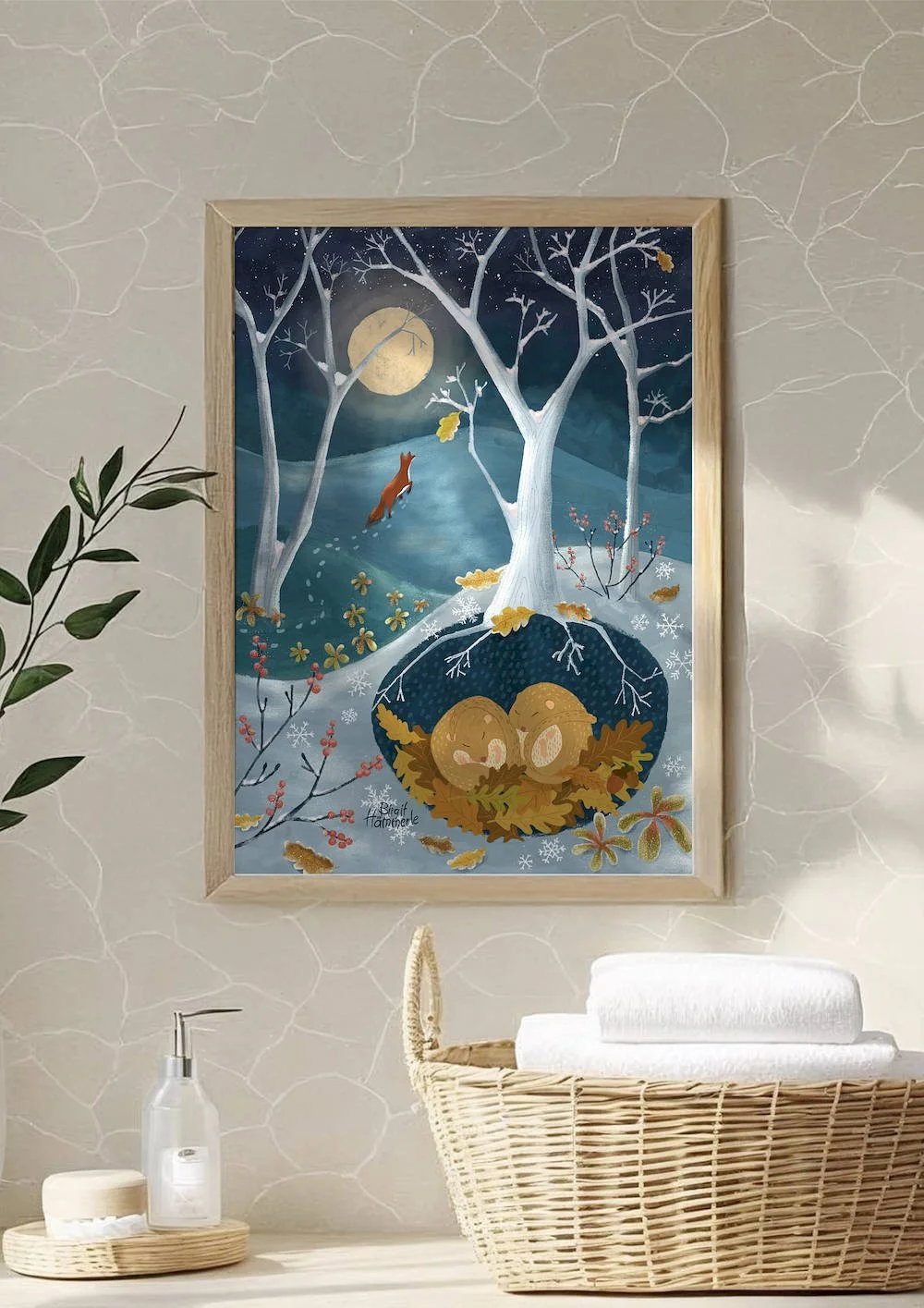 Mockup of winter woodland scene illustration showing red fox walking through snowy forest under golden moon, two dormice sleeping in oak leaf nest, snowflakes falling, cosy nature aesthetic art print