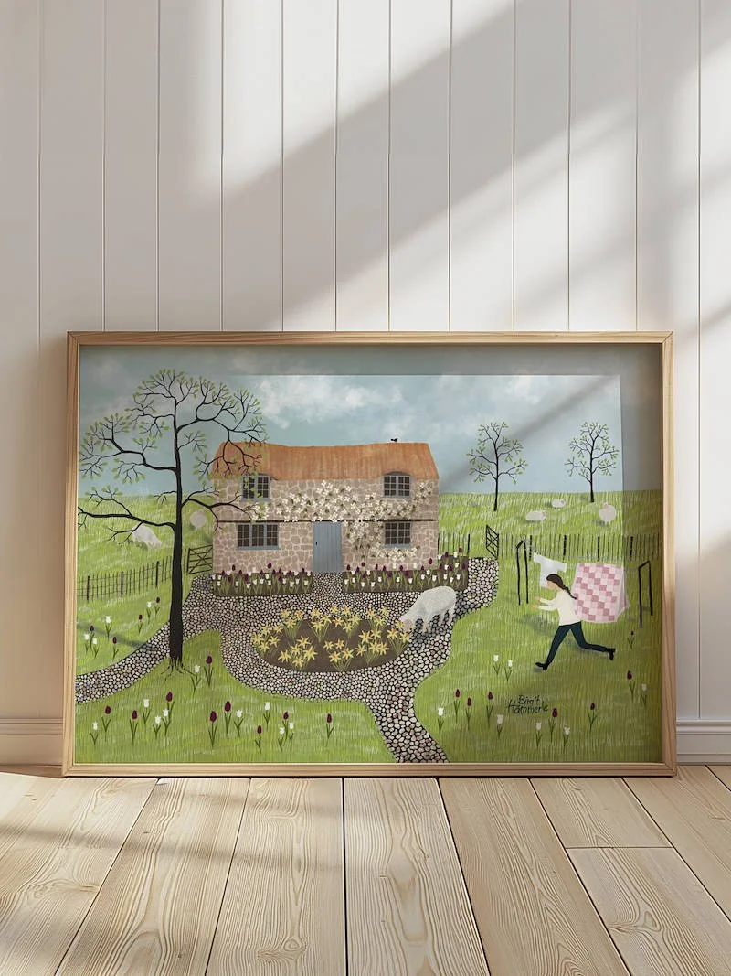 Cheeky Sheep and Cottage Garden – Whimsical Spring Art Print