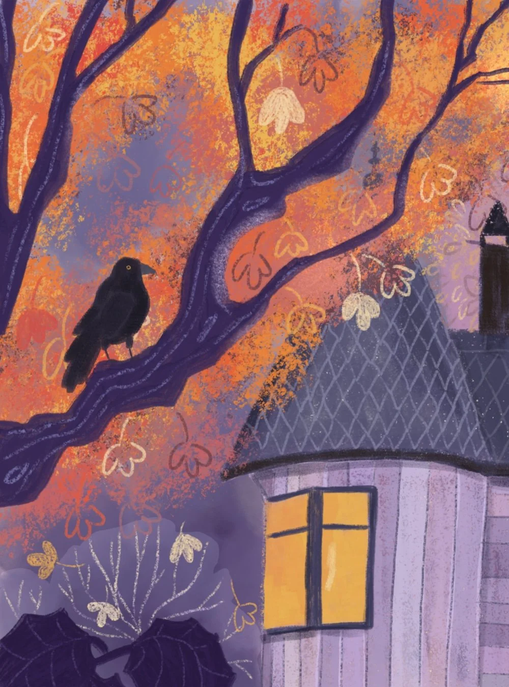 Detail of halloween art print with cosy cottage and glowing pumpkins.