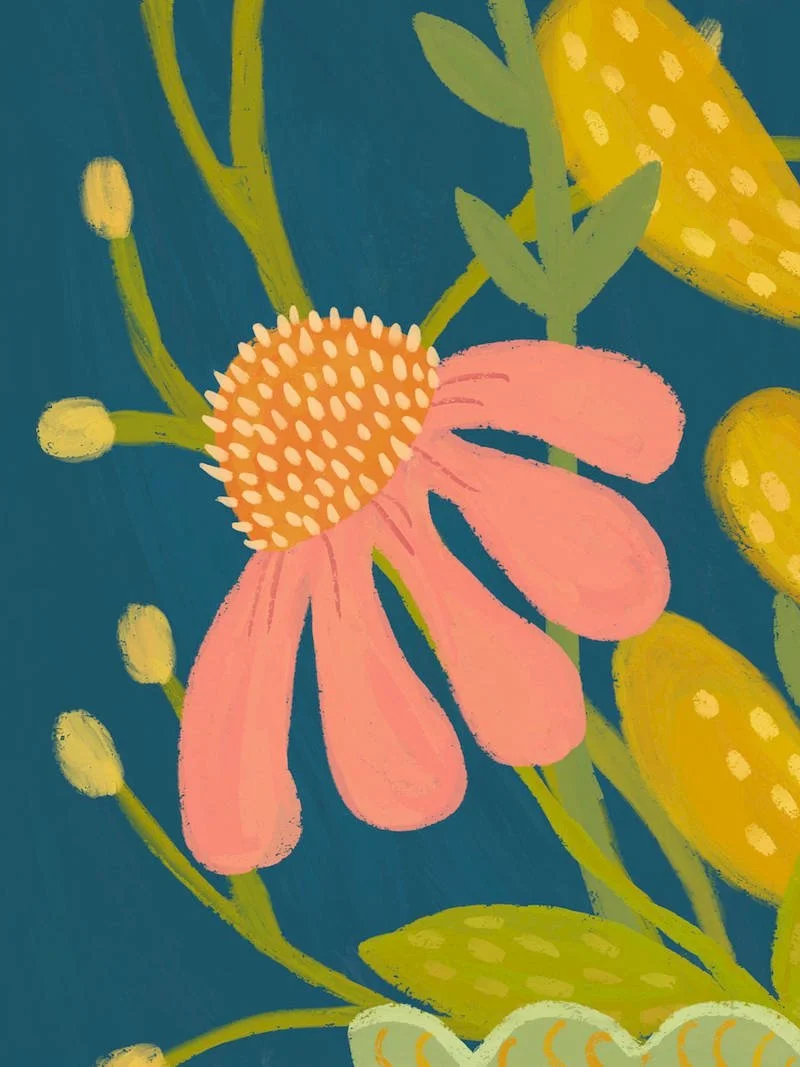 Detail of a cheerful illustrated art print featuring a bouquet of colourful wildflowers in a scalloped bowl, set against a deep teal background with the words "Wildly Authentic" on a ribbon banner.