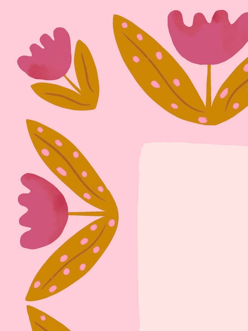 Detail of an empowering art print with 'Be ridiculously kind to yourself today' quote, colorful floral illustration, olive green and pink palette, hand-painted style.