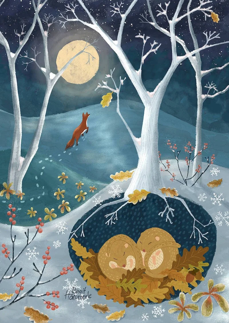 Winter woodland scene illustration showing red fox walking through snowy forest under golden moon, two dormice sleeping in oak leaf nest, snowflakes falling, cosy nature aesthetic art print